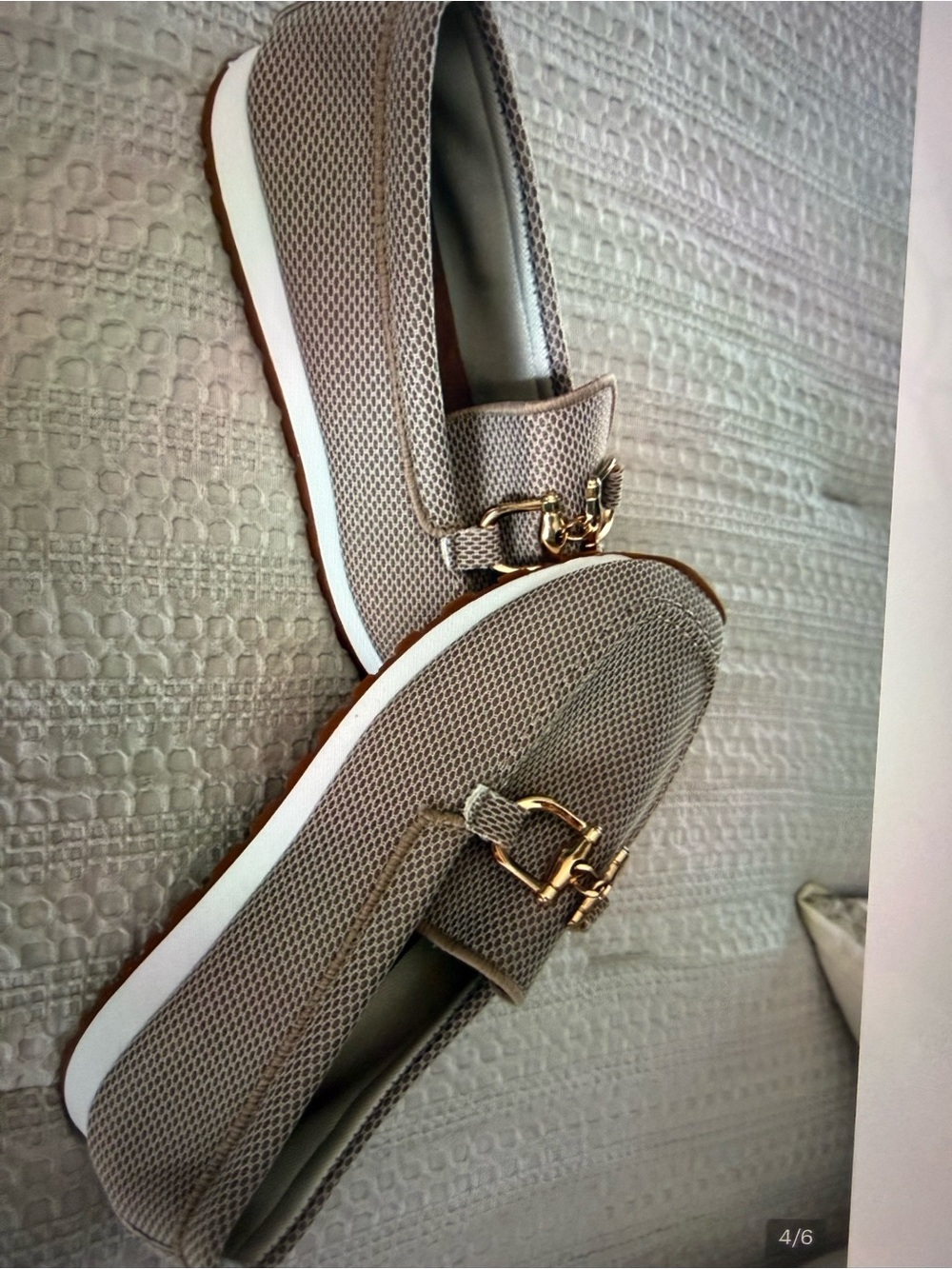 Women’s Taupe Mesh Slip-On Loafers with Gold Buckle